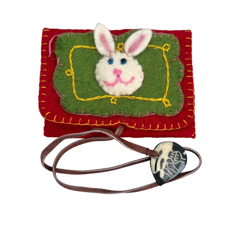 Handmade Red Felt Wool Bunny Rabbit Pouch Small Bag with Carved‎ Toggle Closure